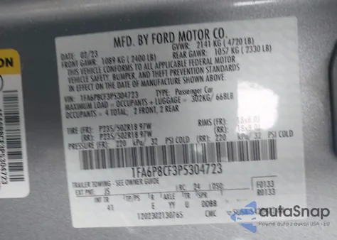 2023 Ford Mustang Gt Premium Fastback из США, поврежденный, VIN 1FA6P8CF3P5304723